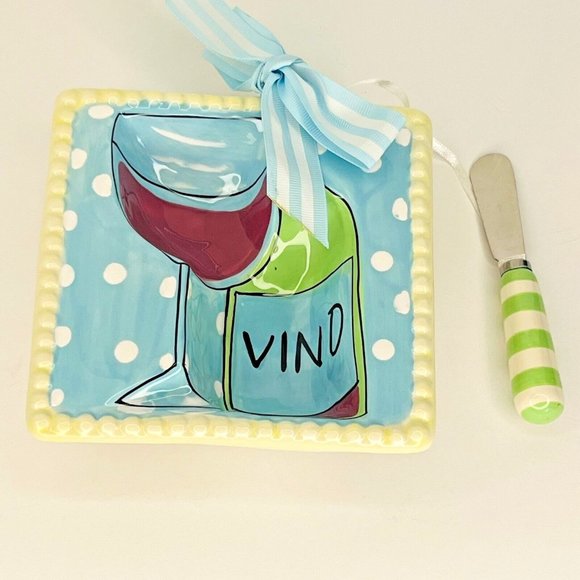 Mud Pie Vino Cheese Bowl Appetizer Dip Spread And knife Pastel With Polka Dots - Picture 2 of 9